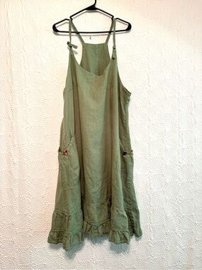 Heart’s Desire Emma eucalyptus green linen pinafore apron dress